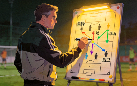 教练在战术板上布置球队站位与进攻路线